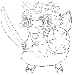 Rule 34 | 1girl, absurdres, animal ears, boned meat, detached sleeves, female focus, food, greyscale, hat, highres, inubashiri momiji, lineart, meat, monochrome, mouth hold, shield, short hair, solo, sword, tail, tokin hat, touhou, transparent background, weapon, wolf ears, wolf tail, yume shokunin
