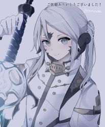 Rule 34 | 1girl, arm up, au ra, warrior of light (ff14), blush, closed mouth, commentary request, final fantasy, final fantasy xiv, gloves, green eyes, grey background, grey hair, hair between eyes, hair ribbon, highres, holding, holding sword, holding weapon, long hair, looking at viewer, original, parted bangs, ribbon, simple background, smile, solo, sword, translation request, tsuruse, twintails, twitter username, upper body, weapon, white gloves, white ribbon