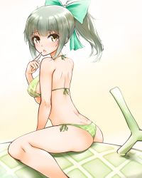 Rule 34 | 10s, 1girl, ass, back, bare shoulders, bikini, blush, breasts, brown eyes, chestnut mouth, finger to mouth, food, fruit, geckolion, hair ribbon, kantai collection, long hair, looking at viewer, looking back, melon, oversized object, ponytail, ribbon, sideboob, silver hair, sitting, solo, straddling, sweatdrop, swimsuit, yuubari (kancolle)