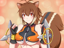 Rule 34 | animal ears, antenna hair, blazblue, blush, breasts, brown hair, cleavage, crop top, dual wielding, fingerless gloves, gloves, highres, holding, kyoukyan, large breasts, makoto nanaya, multicolored hair, orange eyes, revealing clothes, shirt, short hair, smile, solo, squirrel ears, squirrel tail, tail, taut clothes, taut shirt, tonfa, two-tone hair, underboob, upper body, weapon