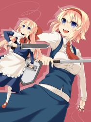 Rule 34 | 1girl, alice margatroid, alternate costume, bad id, bad pixiv id, blonde hair, blue eyes, doll, dress, dutch angle, female focus, hairband, highres, jewelry, open mouth, ring, shanghai doll, shield, smile, solo, string, sword, touhou, tsumidango, weapon
