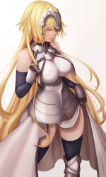 Rule 34 | 1girl, armor, armored dress, bare shoulders, blonde hair, breasts, capelet, dydydyok, closed eyes, fate/apocrypha, fate/grand order, fate (series), faulds, gauntlets, headpiece, jeanne d&#039;arc (fate), jeanne d&#039;arc (ruler) (fate), jeanne d&#039;arc (third ascension) (fate), large breasts, long hair, simple background, solo, thighhighs, white background