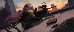 Rule 34 | 1girl, absurdres, anti-materiel cartridge, anti-materiel rifle, ass, black gloves, black leotard, buckle, building, bullet casing, camouflage, commentary request, commission, covered mouth, floating hair, girls&#039; frontline, gloves, gun, hand up, highres, holding, holding gun, holding weapon, hood, hood down, leotard, long hair, long sleeves, looking at viewer, looking back, name connection, ndtwofives, ntw-20, ntw-20 (girls&#039; frontline), object namesake, on roof, outdoors, pink hair, red eyes, rifle, rifle cartridge, rooftop, ruins, scope, shell casing, short sleeves, skyscraper, snap-fit buckle, sniper rifle, solo, sunset, thigh strap, very long hair, weapon