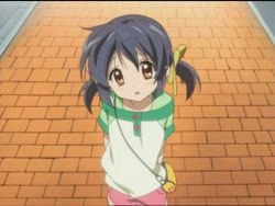 Rule 34 | 00s, 1girl, animated, animated gif, arms behind back, bag, blue hair, brown eyes, casual, child, clannad, clannad after story, fidgeting, hair ribbon, handbag, raglan sleeves, ribbon, screencap, short hair, solo, sunohara mei, twintails