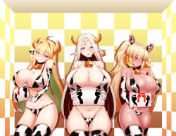 3girls, absurdres, ahoge, animal print, bangs, bell, bikini, blonde hair, blue eyes, blush, breasts, cerestia of life, check commentary, circlet, cleavage, commentary request, cow horns, cow print, cowbell, dark elf, dark elven forest ranger, dark skin, ear tag, elf, elven forest maker, embarrassed, green eyes, hair between eyes, highres, horns, huge breasts, last origin, long hair, long pointy ears, multiple girls, neck bell, orangegoon, placard, pointy ears, purple eyes, sign, smile, swimsuit, thighhighs, twintails, two side up, very long hair