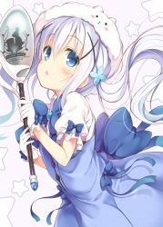 Rule 34 | 1girl, :o, adapted costume, animal hat, blue bow, blue dress, blue eyes, blue hair, blue ribbon, blush, bow, breasts, brooch, buttons, character hat, collared shirt, commentary request, cowboy shot, dress, flower, gloves, gochuumon wa usagi desu ka?, hair between eyes, hair flower, hair ornament, hairclip, hat, highres, holding, holding spoon, jewelry, kafuu chino, long hair, looking at viewer, magical girl, nozomi tsubame, open mouth, oversized object, puffy short sleeves, puffy sleeves, rabbit, rabbit hat, ribbon, shirt, short sleeves, sidelocks, simple background, sleeveless, sleeveless dress, small breasts, solo, spoon, star (symbol), tippy (gochiusa), white background, white gloves, white hat, white shirt, x hair ornament