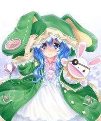 Rule 34 | 10s, 1girl, :d, animal ears, animal hood, blue eyes, blue hair, blush, bow, button eyes, buttons, coat, date a live, eyepatch, gradient background, hand puppet, hood, long hair, looking at viewer, matching hair/eyes, okitakung, open mouth, puppet, rabbit, rabbit ears, simple background, smile, snowflakes, solo, stuffed animal, stuffed rabbit, stuffed toy, yoshino (date a live), yoshinon