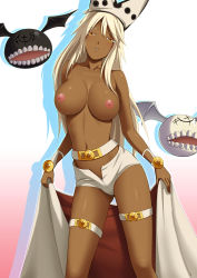Rule 34 | 1girl, belt, breasts, dark-skinned female, dark skin, dragon@harry, guilty gear, guilty gear xrd, hat, highres, large breasts, light areolae, long hair, looking at viewer, navel, nipples, orange eyes, ramlethal valentine, shorts, silver hair, solo, thigh strap, topless