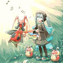 Rule 34 | 1girl, :o, brown dress, bug miku (project voltage), commentary request, creatures (company), crossover, cutiefly, day, dress, ffccll, game freak, gen 4 pokemon, gen 7 pokemon, grass, green eyes, green hair, grey footwear, hat, hatsune miku, highres, kricketot, kricketune, long sleeves, looking up, music, musical note, nintendo, open mouth, outdoors, pantyhose, pokemon, pokemon (creature), project voltage, shoes, singing, standing, twintails, vocaloid