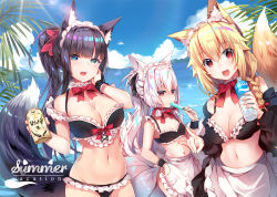Rule 34 | 3girls, :d, ahoge, animal ear fluff, animal ears, apron, bare shoulders, bikini, black bikini, black hair, black jacket, blonde hair, blue eyes, bottle, bow, bowtie, braid, breasts, can, choker, cleavage, cloud, cowboy shot, day, fangs, food, fox ears, fox girl, fox tail, frilled bikini, frills, green eyes, groin, hair ribbon, hand up, heterochromia, holding, holding can, jacket, kitsune, large breasts, lens flare, long hair, looking at viewer, maid, maid apron, maid bikini, maid headdress, midriff, mole, mole under eye, multiple girls, multiple tails, navel, ocean, off shoulder, open clothes, open jacket, open mouth, original, outdoors, ponytail, popsicle, red eyes, ribbon, small breasts, smile, standing, stomach, strap slip, sunlight, swimsuit, tail, tail raised, thick eyebrows, unconventional maid, usagihime, waist apron, water bottle, white hair, wrist cuffs