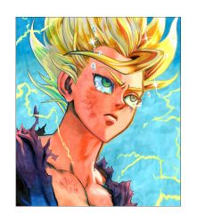 Rule 34 | 1boy, absurdres, bare pectorals, blonde hair, border, closed mouth, crying, dragon ball, dragonball z, electricity, green eyes, highres, injury, jigme tenzin wangchuk, male focus, marker (medium), pectorals, scratches, solo, son gohan, sparkle, super saiyan, super saiyan 2, tears, torn, torn clothes, traditional media, upper body, white border