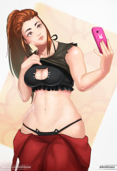 Rule 34 | 1girl, bad id, bad pixiv id, breasts, brigitte (overwatch), brown eyes, brown hair, camera phone, cat cutout, cat lingerie, cellphone, cleavage, cleavage cutout, clothes lift, clothing cutout, curvy, koshio, long hair, medium breasts, meme attire, navel, overalls, overalls removed, overwatch, overwatch 1, phone, selfie, shirt lift, skindentation, smartphone, smile, solo, stomach, toned, torn clothes, torn sleeves, underwear, wide hips