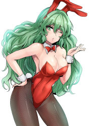 Rule 34 | 1girl, ;o, alternate costume, animal ears, armpits, bare shoulders, blowing kiss, bow, bowtie, breasts, cleavage, contrapposto, covered navel, cowboy shot, detached collar, fake animal ears, fishnet pantyhose, fishnets, green eyes, green hair, hand on own hip, highres, kazami yuuka, kazami yuuka (pc-98), large breasts, leotard, long hair, looking at viewer, one eye closed, pantyhose, parted lips, playboy bunny, rabbit ears, red bow, red bowtie, red leotard, sideboob, solo, standing, touhou, touhou (pc-98), unmoving pattern, very long hair, wavy hair, wrist cuffs, y2