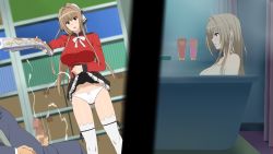 Rule 34 | 1boy, 1girl, amagi brilliant park, at gunpoint, bath, bathtub, black skirt, blurry, blush, bookcase, bookshelf, bow, bow panties, box, breasts, brown eyes, brown hair, cardboard box, censored, clothes lift, cottage, cum, depth of field, dutch angle, ejaculation, embarrassed, gun, hair ribbon, high ponytail, highres, large breasts, long hair, masturbation, motion lines, nude, open mouth, panties, penis, penis out, pleated skirt, presenting, ribbon, self exposure, sento isuzu, sequential, sitting, skirt, skirt lift, standing, tagme, underwear, weapon, wet, white legwear, white panties