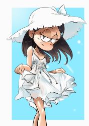Rule 34 | 1girl, alternate costume, bare arms, bare shoulders, blue background, border, brown hair, child, dress, dress grab, earrings, facing viewer, feet out of frame, freckles, half-closed eyes, hat, highres, jewelry, kaze fukeba nanashi, long hair, looking at viewer, ronnie anne santiago, short dress, simple background, solo, standing, stud earrings, sun hat, sundress, the casagrandes, the loud house, white border, white dress, white hat