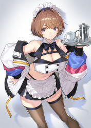 Rule 34 | 1girl, apron, bad id, bad twitter id, black bow, black bowtie, black panties, black skirt, black thighhighs, blue eyes, bow, bowtie, breasts, brown hair, cleavage cutout, closed mouth, clothing cutout, coat, collared shirt, commentary, crop top, cup, grey background, holding, holding tray, large breasts, leaning forward, long sleeves, looking at viewer, maid, maid headdress, miniskirt, off shoulder, open clothes, open coat, original, panties, saitou masatsugu, saucer, shadow, shirt, skindentation, skirt, sleeveless, sleeveless shirt, smile, solo, standing, string panties, teacup, teapot, thighhighs, tray, underwear, waist apron, white coat, wing collar, zipper