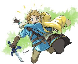 Rule 34 | 1boy, 1girl, absurdres, ahoge, arm guards, artist name, ass, belt, black pants, blonde hair, blue eyes, blue shirt, blue tunic, braid, brown belt, brown gloves, brown pants, champion&#039;s tunic (zelda), couple, cowboy shot, cropped legs, crown braid, dilated pupils, findoworld, fingerless gloves, from behind, gloves, hetero, highres, holding, holding sword, holding weapon, imminent hug, layered sleeves, leaning forward, leaning on person, link, long hair, long sleeves, master sword, multiple belts, nintendo, open mouth, pants, pointy ears, princess zelda, raised eyebrows, shirt, short hair, short over long sleeves, short sleeves, simple background, surprised, sword, teeth, the legend of zelda, the legend of zelda: breath of the wild, three quarter view, tunic, upper teeth only, weapon, white sleeves, yellow trim