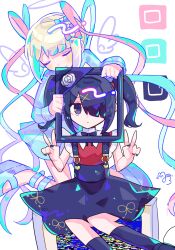 Rule 34 | 2girls, ame-chan (needy girl overdose), black eyes, black hair, black nails, black skirt, black socks, blonde hair, blue serafuku, blue shirt, blue skirt, chouzetsusaikawa tenshi-chan, closed eyes, closed mouth, commentary request, double v, dual persona, expressionless, facing viewer, hair over one eye, hands up, highres, kneehighs, legs apart, long hair, long sleeves, looking at viewer, miniskirt, multiple girls, nail polish, needy girl overdose, one eye covered, picture frame, pleated skirt, red nails, red shirt, school uniform, serafuku, shirt, short twintails, simple background, skirt, sleeveless, sleeveless shirt, socks, straight-on, sushiuma m, suspender skirt, suspenders, twintails, v, very long hair, white background