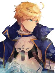 Rule 34 | 1boy, ahoge, aqua eyes, armor, arthur pendragon (fate), blonde hair, blue cape, breastplate, cape, closed mouth, ebi (6 5), facing to the side, fate/grand order, fate (series), highres, looking ahead, male focus, short hair, simple background, smile, solo, upper body, white background