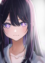 Rule 34 | 1girl, absurdres, blush, collarbone, commentary, hair between eyes, highres, hoshino ai (oshi no ko), hz (helu 2), long hair, looking at viewer, multicolored hair, oshi no ko, portrait, purple eyes, purple hair, signature, solo, star-shaped pupils, star (symbol), streaked hair, symbol-shaped pupils