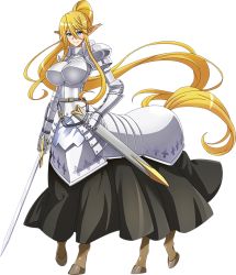 Rule 34 | 1girl, absurdly long hair, animal ears, armor, artist request, blonde hair, blue eyes, blush, boobplate, breastplate, breasts, centaur, centorea shianus, full body, game cg, holding, holding sword, holding weapon, horse ears, horse tail, huge breasts, long hair, long sword, monster girl, monster musume no iru nichijou, monster musume no iru nichijou online, official art, plate armor, pointy ears, ponytail, scabbard, sheath, solo, sword, tail, taur, transparent background, very long hair, weapon