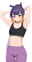 Rule 34 | 1girl, absurdres, alternate costume, alternate hairstyle, armpits, arms behind head, arms up, bare arms, bare shoulders, blue eyes, blunt bangs, breasts, collarbone, commentary, cowboy shot, english commentary, highres, hololive, hololive english, ku roiko, light blush, long hair, midriff, mole, mole under eye, navel, ninomae ina&#039;nis, pants, parted lips, pointy ears, purple hair, simple background, small breasts, solo, sports bra, sweat, thigh gap, tying hair, virtual youtuber, white background, yoga pants