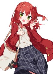 Rule 34 | 1girl, bag, black bow, black skirt, bocchi the rock!, bow, commentary request, green eyes, hair between eyes, hands up, highres, jacket, kita ikuyo, long hair, looking at viewer, one side up, open clothes, open jacket, plaid, plaid skirt, red jacket, shirt, shoulder bag, simple background, skirt, solo, suta0822, v-shaped eyebrows, white background, white shirt