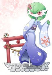 Rule 34 | 1girl, blue kimono, blush, colored skin, creatures (company), female focus, flower, full body, game freak, gardevoir, gen 3 pokemon, gen 7 pokemon, green hair, green skin, hair flower, hair ornament, hand on own chest, hands up, happy, japanese clothes, kimono, long sleeves, looking at viewer, muguet, multicolored skin, nintendo, obi, pokemon, pokemon (creature), red eyes, rope, rowlet, sash, shimenawa, short hair, smile, solo focus, standing, torii, two-tone skin, white skin, wide sleeves