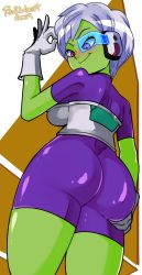Rule 34 | 1girl, ass, backboob, blue-tinted eyewear, bodysuit, breasts, cheelai, colored skin, dragon ball, dragon ball (classic), dragon ball super, dragon ball super broly, from below, green skin, hand on own ass, ok sign, radlionheart, scouter, skin tight, smile, solo, standing, tinted eyewear, white hair