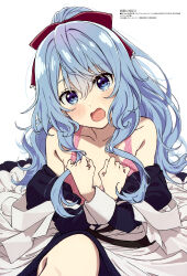 1girl :o absurdres armpit_crease blue_eyes blue_hair blush bow bra collarbone copyright_name copyright_notice covering_breasts covering_privates embarrassed hair_between_eyes hair_bow highres light_blue_hair liselotte_cretia long_hair looking_at_viewer magazine_scan maid megami_magazine official_art open_mouth pink_bra red_bow scan seirei_gensouki simple_background solo sweatdrop underwear wavy_hair white_background yonemura_masato