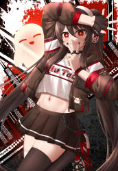 Rule 34 | 1girl, absurdres, arm up, black nails, blush, boo tao (genshin impact), brown hair, brown jacket, brown skirt, brown thighhighs, crop top, flower-shaped pupils, genshin impact, ghost, hair between eyes, hat, highres, hu tao (genshin impact), jacket, long hair, long sleeves, looking at viewer, midriff, navel, red eyes, shirt, skirt, skym (kumei), smile, stomach, symbol-shaped pupils, teeth, thighhighs, twintails, v over mouth, very long hair, white shirt