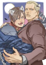 Rule 34 | 2boys, bara, bat (animal), blonde hair, blue eyes, blue shirt, brown hair, chain, closed mouth, formal, frankenstein, highres, hug, jack krauser, jewelry, large pectorals, leon s. kennedy, male focus, multiple boys, muscular, non-web source, open mouth, pectorals, resident evil, scar, shirt, smile, suit, tatsumi (psmhbpiuczn), werewolf