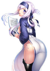 Rule 34 | 1girl, ainu clothes, ass, blue eyes, blue headband, breasts, cropped jacket, folded ponytail, from behind, hair between eyes, headband, holding, holding paper, kamoi (kancolle), kantai collection, light purple hair, long hair, looking at viewer, looking back, medium breasts, open mouth, panties, paper, side-tie panties, sideboob, sidelocks, simple background, solo, underwear, unowen, white background