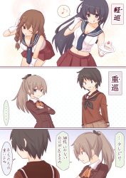 Rule 34 | 3koma, 4girls, :o, agano (kancolle), ascot, black eyes, black hair, black neckwear, blue eyes, blue neckwear, blue sailor collar, blunt bangs, braid, breasts, brown hair, brown jacket, brown shorts, buttons, cleavage, closed mouth, collarbone, collared shirt, comic, commentary request, crossed arms, food, fork, frown, fruit, fujisaki yuu, gloves, gradient background, hair between eyes, hair ornament, hair tie, headgear, holding, holding fork, holding plate, jacket, jitome, kantai collection, kumano (kancolle), leaning forward, light brown hair, long hair, long sleeves, midriff, mogami (kancolle), multiple girls, musical note, navel, neckerchief, noshiro (kancolle), one eye closed, orange neckwear, plate, pleated skirt, polka dot, polka dot background, ponytail, red sailor collar, red serafuku, red skirt, sailor collar, school uniform, serafuku, shirt, short hair, shortcake, shorts, sidelocks, skirt, sleeveless, speech bubble, spoken musical note, strawberry, sweat, tongue, tongue out, translation request, twin braids, wavy mouth, white gloves, white shirt