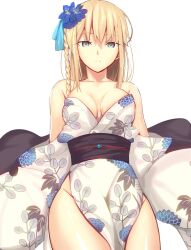 Rule 34 | 1girl, bare shoulders, blonde hair, blue eyes, braid, breasts, cleavage, closed mouth, commentary, expressionless, fate/grand order, fate (series), floral print, flower, hair flower, hair ornament, highres, iro (sekaixiro), japanese clothes, kimono, large breasts, long hair, long sleeves, morgan le fay (fate), morgan le fay (fgo fes. 2023) (fate), obi, off shoulder, pelvic curtain, sash, side braid, simple background, solo, thighs, white background