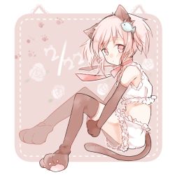 Rule 34 | 10s, 1girl, animal ears, animal hands, bad id, bad pixiv id, black gloves, black thighhighs, blush, cat ears, cat paws, elbow gloves, fish hair ornament, floral background, frills, frown, gloves, hair ornament, hugging own legs, kaname madoka, lace, lace-trimmed ribbon, lace trim, looking at viewer, mahou shoujo madoka magica, mahou shoujo madoka magica (anime), midriff, minmii (minmi078), neck ribbon, paw print, pink background, pink eyes, pink hair, pink ribbon, ribbon, short hair, sitting, solo, tail, thighhighs, twintails, whiskers
