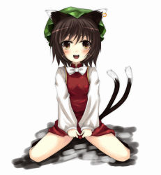 Rule 34 | 1girl, animal ears, brown hair, cat ears, cat girl, cat tail, chen, dress, earrings, female focus, full body, hat, jewelry, moccy, multiple tails, short hair, solo, tail, touhou, white background