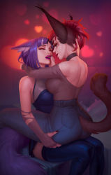 Rule 34 | 2girls, animal ear fluff, animal ears, artist name, awful queen (vtuber), breasts, caracal ears, caracal girl, choker, denim, dress, fox ears, fox girl, fox tail, gloves, highres, indie virtual youtuber, jeans, large breasts, monster girl, multiple girls, open mouth, pants, parted lips, portrait, purple hair, red hair, short hair, solo, tail, va artist, virtual youtuber, yuri
