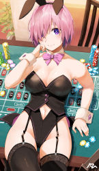 Rule 34 | 1girl, absurdres, alternate costume, animal ears, bare shoulders, black leotard, black thighhighs, blush, breasts, casino, cleavage, clothing cutout, detached collar, fake animal ears, fate/grand order, fate (series), garter straps, groin, hair over one eye, hand up, highres, indoors, large breasts, leotard, lying, mash kyrielight, midriff, midriff peek, navel, navel cutout, no panties, on back, on table, pink hair, playboy bunny, purple eyes, purple hair, rabbit ears, roulette table, smile, solo, table, thighhighs, thighs, wrist cuffs, yanngoto