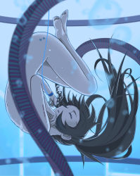 Rule 34 | 1girl, 32zzz, air bubble, bad id, bad pixiv id, barefoot, birthmark, black rock shooter, black rock shooter: dawn fall, black rock shooter (character), blue theme, body writing, bubble, closed eyes, commentary, completely nude, english commentary, fetal position, floating hair, full body, highres, long hair, nude, ponytail, self hug, sidelocks, solo, star (symbol), stasis tank, string, submerged, upside-down