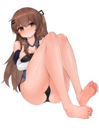 Rule 34 | 1girl, ass, bad id, bad pixiv id, bare legs, bare shoulders, barefoot, black collar, black panties, blue skirt, blush, breasts, brown eyes, brown hair, cleavage, closed mouth, collar, commentary request, detached collar, dokomon, feet, full body, girls&#039; frontline, hair between eyes, hair ornament, hairclip, highres, k2 (girls&#039; frontline), korean commentary, long hair, long sleeves, medium breasts, one side up, panties, simple background, skirt, soles, solo, toenails, underwear, very long hair, white background