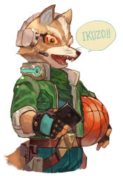 Rule 34 | 1boy, alternate color, ball, basketball, basketball (object), black gloves, cropped torso, fingerless gloves, fox mccloud, furry, furry male, gloves, green jacket, holding, holding ball, holding phone, hungry clicker, jacket, looking at viewer, male focus, nintendo, open mouth, phone, solo, speech bubble, star fox, super smash bros.