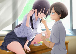 Rule 34 | 1boy, 1girl, :t, adjusting hair, backlighting, black hair, black skirt, blue eyes, blush, boku no kokoro no yabai yatsu, bottle, breasts, brown eyes, brown hair, collared shirt, commentary request, cowboy shot, day, dress shirt, finger in another&#039;s mouth, from side, gibun (sozoshu), hair between eyes, hand up, hands up, hetero, highres, holding, holding bottle, ichikawa kyoutarou, indoors, jitome, large breasts, leaning forward, long hair, long sleeves, looking at another, miniskirt, mole, mole on neck, pleated skirt, profile, shirt, short hair, short sleeves, sitting, skirt, thighs, tsurime, white shirt, wide-eyed, window, yamada anna