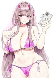 Rule 34 | 1girl, alternate costume, bare shoulders, bikini, breasts, cameltoe, cellphone, cleavage, cleft of venus, closed mouth, condom, gluteal fold, goddess of victory: nikke, hair intakes, hand on own chest, holding, holding phone, horns, large breasts, light brown hair, long hair, mole, mole under eye, navel, nipples, phone, pink bikini, pink horns, red eyes, shironoharuka, side-tie bikini bottom, sidelocks, simple background, smartphone, smile, solo, string bikini, swimsuit, thigh gap, used condom, very long hair, viper (nikke), white background, zipper, zipper pull tab