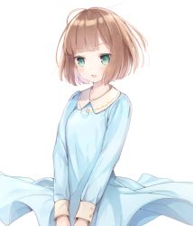 Rule 34 | 1girl, arms at sides, bad id, bad pixiv id, blue dress, blunt bangs, blush, bob cut, brown hair, circle skirt, dress, green eyes, light smile, original, parted lips, short hair, simple background, solo, upper body, usamito, white background