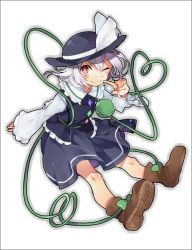 Rule 34 | 1girl, alternate color, bad id, bad twitter id, blush, boots, border, color switch, cosplay, eyeball, full body, hat, hat ribbon, heart, heart of string, izayoi sakuya, izayoi sakuya (cosplay), komeiji koishi, long sleeves, looking at viewer, one eye closed, player 2, ponpoko, red eyes, ribbon, shirt, short hair, silver hair, simple background, skirt, skirt set, smile, solo, string, third eye, touhou, vest, white background, wide sleeves