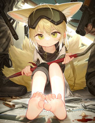 Rule 34 | 1girl, absurdres, animal ears, arknights, asymmetrical pants, barefoot, black scarf, blood, crowbar, feet, foot focus, foreshortening, fox ears, fox girl, fox tail, goggles, goggles on head, gun, highres, holding, holding crowbar, holding weapon, legs together, multiple tails, newspaper, official alternate costume, on ground, scarf, shell casing, sitting, soles, solo, suzuran (arknights), suzuran (lostlands flowering) (arknights), tail, tianliang duohe fangdongye, toes, tooth, weapon