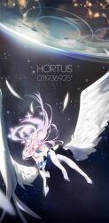 Rule 34 | absurdres, blue archive, closed eyes, dress, earth (planet), flying, halo, highres, mika (blue archive), pink hair, planet, school uniform, space, star (sky), tai (e3d1p), white dress, white wings, wings