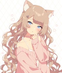 Rule 34 | 1girl, animal ear fluff, animal ears, bare shoulders, blue eyes, blush, bow, brown hair, choker, collarbone, commission, dress, ear piercing, hand up, head tilt, heart, heart o-ring, jacket, long hair, long sleeves, looking at viewer, mamyouda, off shoulder, open clothes, open jacket, original, parted lips, piercing, pink bow, pink choker, pink jacket, sleeveless, sleeveless dress, sleeves past wrists, solo, upper body, very long hair, white dress