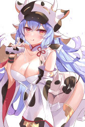 Rule 34 | 1girl, :q, animal ears, animal print, blue hair, blush, bottle, breasts, catura (granblue fantasy), cleavage, collarbone, cow ears, cow hat, cow horns, cow print, detached sleeves, draph, earrings, granblue fantasy, highres, horns, jewelry, large breasts, looking at viewer, milk, milk bottle, navel, red eyes, see-through, serika, simple background, solo, thighhighs, tongue, tongue out, v, white background, white thighhighs, wide sleeves